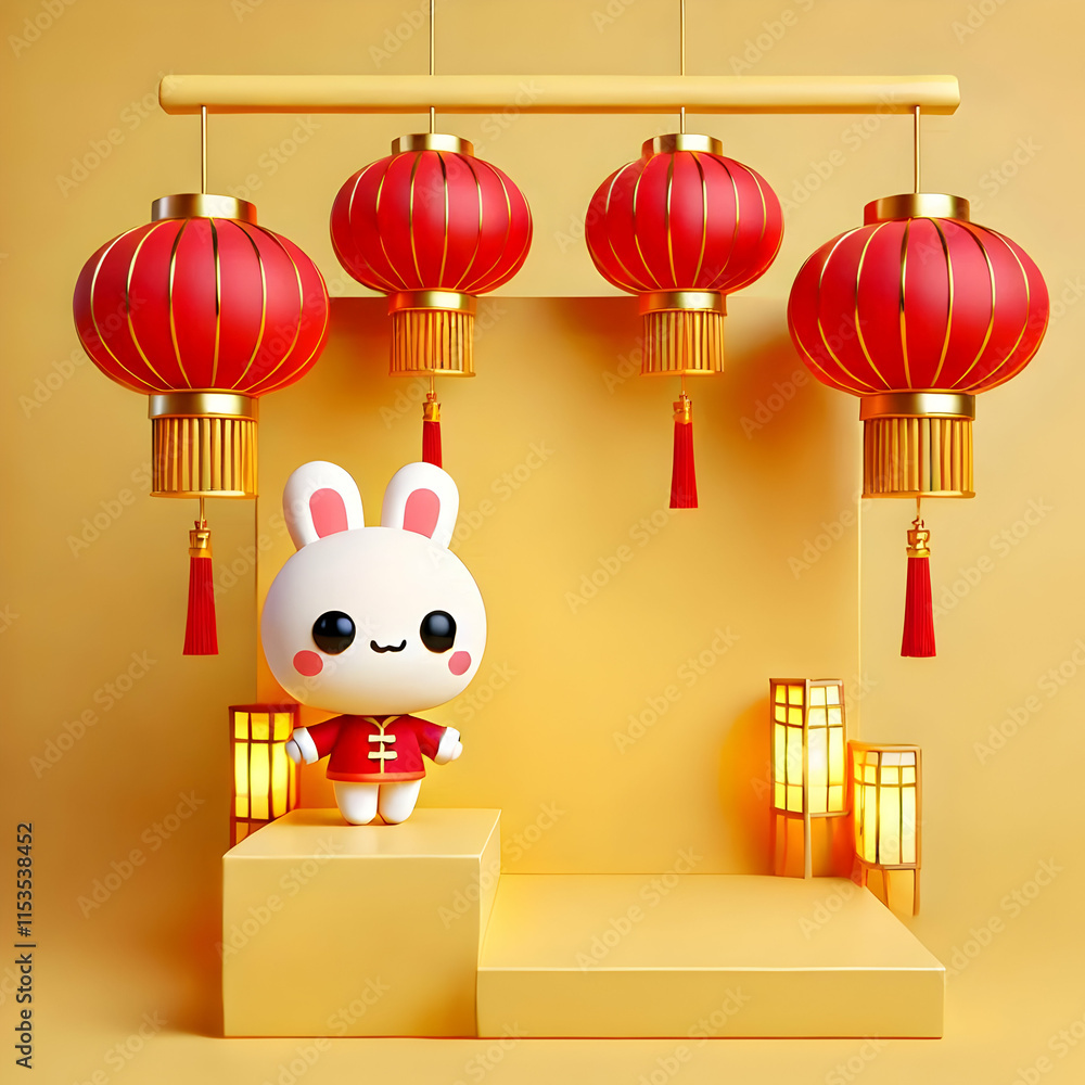 Poster 3d plain yellow background featuring red chinese lanterns and copy space to the left. concept as a p
