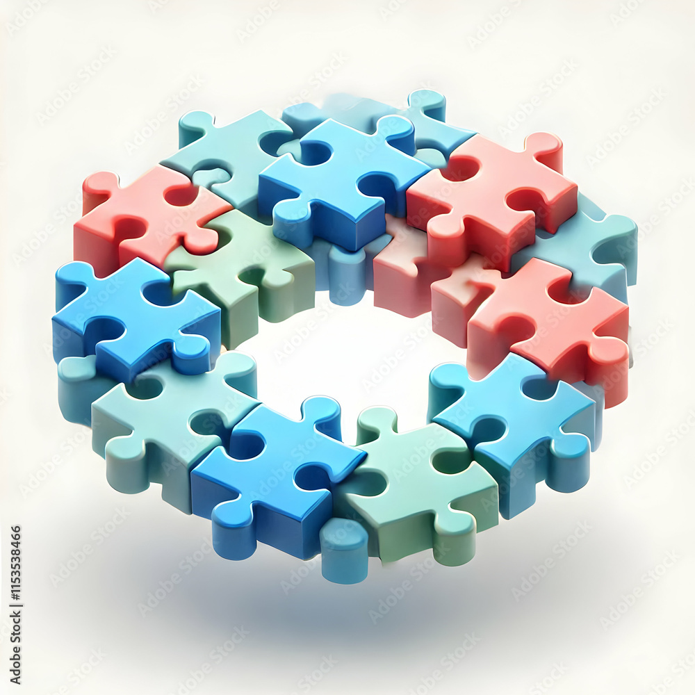 Aufkleber 3d vector of interlocked puzzle pieces forming a circle isolated on white background. concept as a c