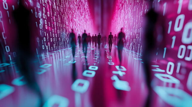 Silhouettes of people walking through a digital landscape of glowing pink and blue binary data, symbolizing technology and virtual reality.