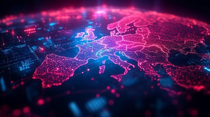 Digital map of Europe with glowing connections. Generative AI