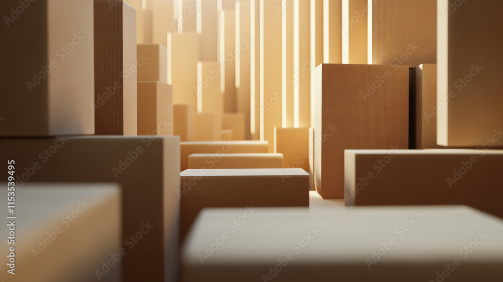 Poster a minimalist arrangement of stacked white boxes in a softly lit industrial space, emphasizing geomet