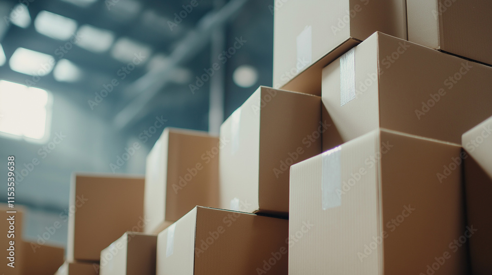 Poster a minimalist arrangement of stacked white boxes in a softly lit industrial space, emphasizing geomet