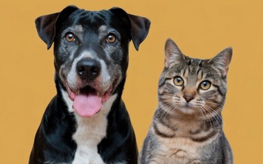  A black dog and brown cat posing together on a plain yellow background, creating a harmonious portrait of animal friendship
