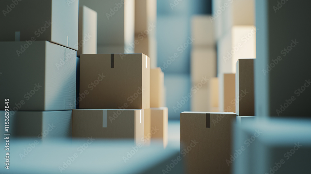 Poster a minimalist arrangement of stacked white boxes in a softly lit industrial space, emphasizing geomet