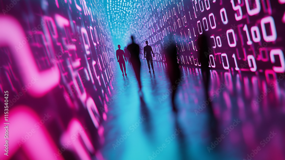 Poster silhouetted figures walking through a digital corridor of pink and blue binary code, symbolizing dat