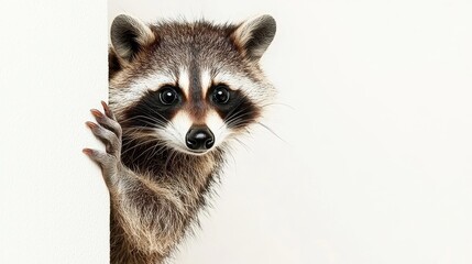 Obraz premium Curious raccoon peeking from behind a wall with expressive eyes and fluffy fur