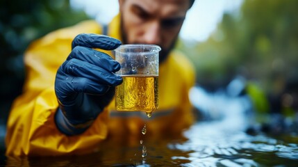 Scientist examining water sample in beaker near stream