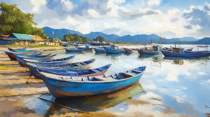Fototapeta premium Tranquil Coastal Scene: Vibrantly Colored Fishing Boats Gently Rocking at Dawn. AI Generated