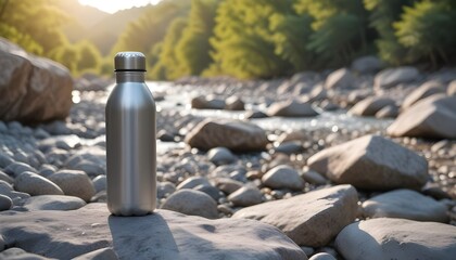A silver metal mockup water bottle on a rocky riverbed with blurred nature in the background