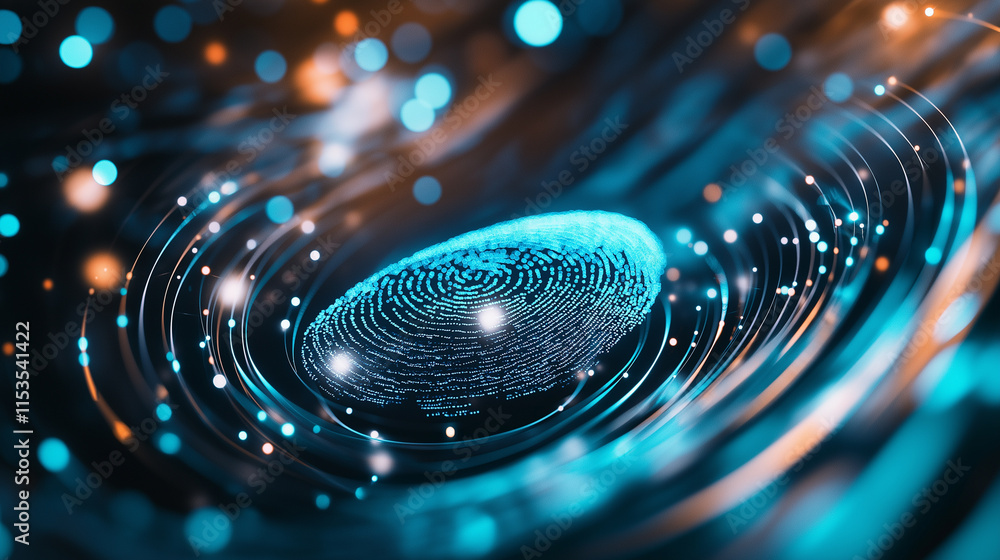 Poster a close-up of a glowing fingerprint in vibrant blue tones with bokeh effects, representing technolog