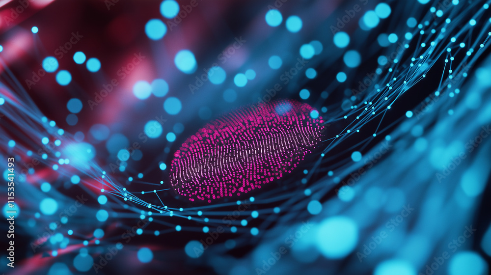 Poster a close-up of a glowing fingerprint in vibrant blue tones with bokeh effects, representing technolog