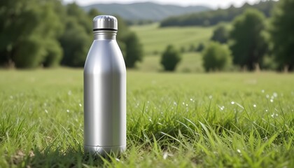 A silver metal water bottle on a grassy field with blurred nature in the background