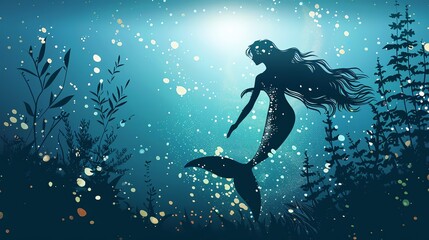 A mermaid silhouette in a blue ocean.