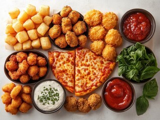 Delicious Variety of Snack Foods with Pizza, Dipping Sauces, and Fresh Basil Arranged on a White Background Ideal for Food Photography and Culinary Inspiration