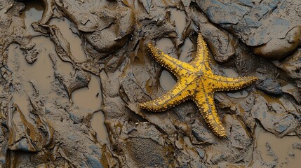 Bright Yellow Starfish on Muddy Shoreline at Low Tide in Coastal Environment