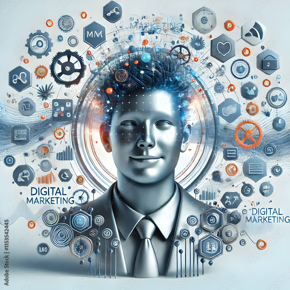 Poster 3d portrait of marketer with augmented reality elements and data icons for innovative marketing stra