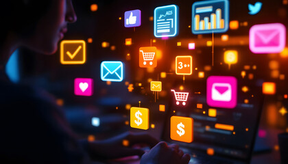Social Media Marketing, Laptop with Glowing Icons, Online Presence, Person Using Laptop with Social Media Symbols, Digital Communication, Laptop Surrounded by Social Media Icons