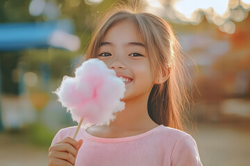 Young girl enjoying cotton candy in a sunny park during a cheerful afternoon