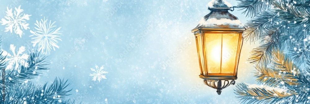 Aufkleber glowing winter street lantern surrounded by frosty trees and gentle snowflakes in a serene evening. 