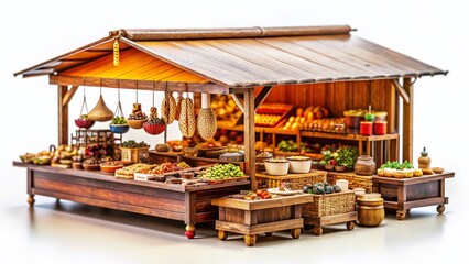 Modern Brown Wooden Market Stall Display with Metal Products - Tilt-Shift Photography