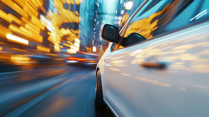 A speeding white van in a vibrant city street at night with colorful blurred lights, emphasizing motion and energy.