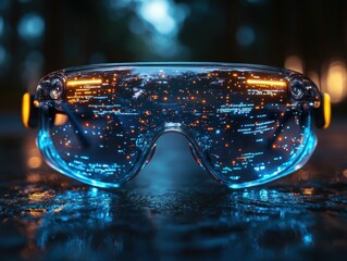 Futuristic Smart Glasses Displaying Digital Data and City Lights Reflected on Lenses in an Atmospheric Outdoor Environment During Dusk