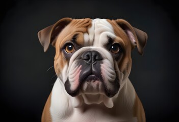 Fototapeta premium A close-up portrait of a pug dog with a curious and endearing expression, set against a dark background