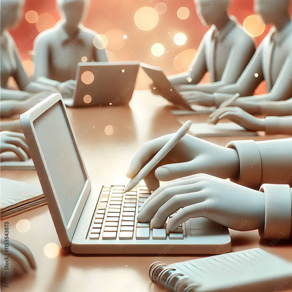 Poster hands typing notes laptop meeting bokeh background focus productivity