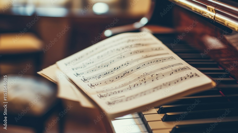 Poster a tidy musical instrument setup with neatly placed sheet music and a well-tuned piano, a cozy room w