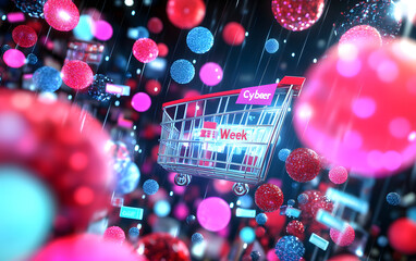 Cyber Week Dynamic Background with Floating Shopping Icons and Discounts , Generative-AI