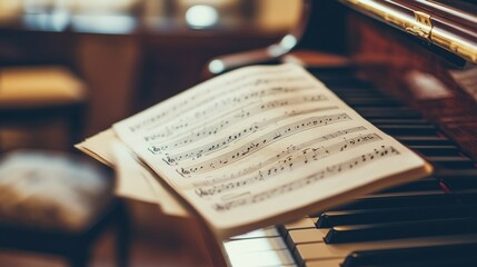 A tidy musical instrument setup with neatly placed sheet music and a well-tuned piano, A cozy room with soft light and comfortable seating, Minimalist musical style