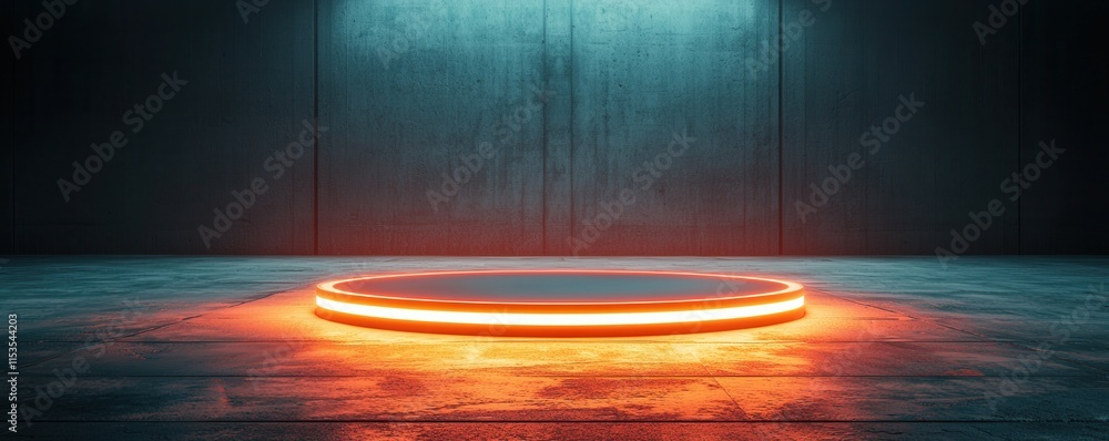 Poster a futuristic platform illuminated by neon lights, set against a textured wall in a dimly lit environ
