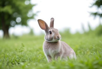 A young rabbit sitting on a grassy field with blurred green foliage in the background
