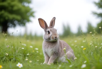A young rabbit sitting on a flowery meadow with blurred green foliage in the background
