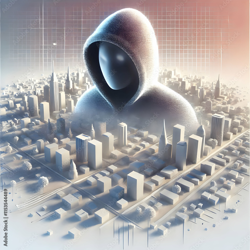 Poster 3d hacker silhouette fading over cityscape with copy space for cyber resilience concept