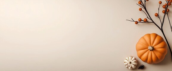 Autumnal arrangement with pumpkins, berries, and fall foliage on beige background.