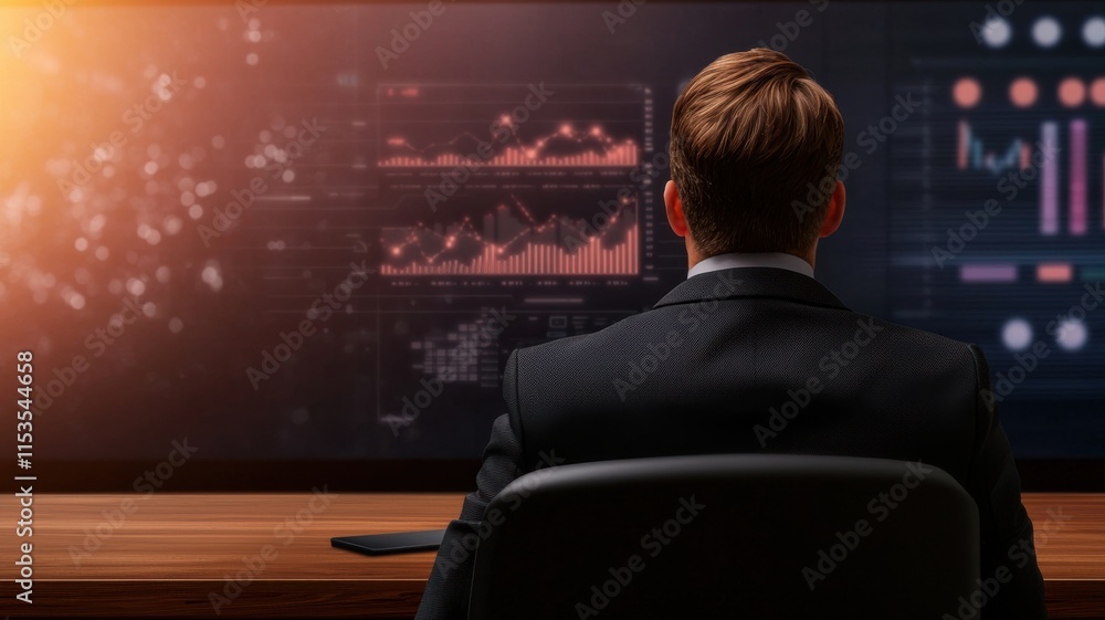 Poster a focused individual analyzes data on a large screen, showcasing graphs and digital insights in a mo