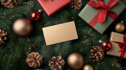 Obraz premium Christmas-themed flat lay with pine branches, wrapped gifts, golden ornaments, and a blank card in the center for customization.
