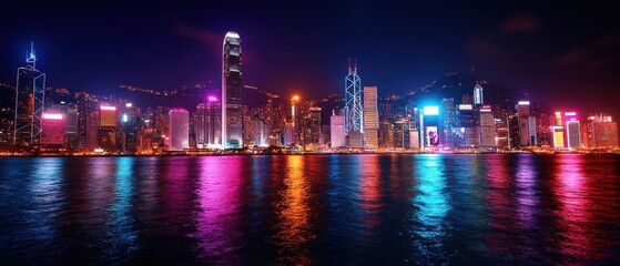 Fototapeta premium A vibrant city skyline illuminated at night, reflecting colorful lights on the water, showcasing modern architecture and a lively urban atmosphere.