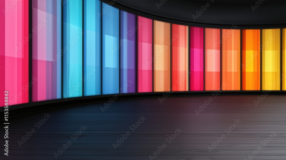 Poster a vibrant display of colorful vertical panels against a dark backdrop, creating a striking and conte