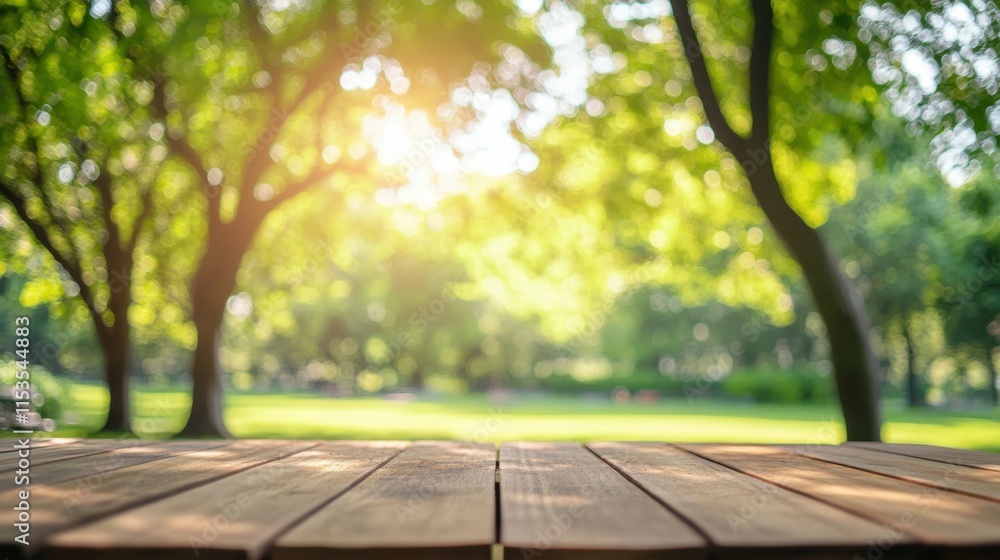 Aufkleber empty wood table top and blurred green tree in the park garden background - can used for display or 