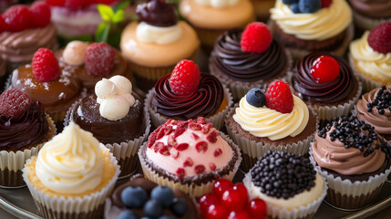 Deliciously Presented Mini Desserts Platter with Cheesecakes, Mousse, and Tartlets Garnished to Perfection.