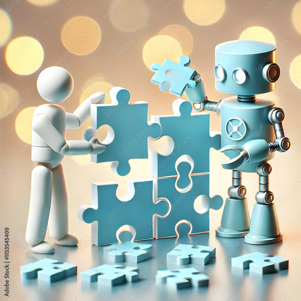 Poster 3d human robot puzzle assembly collaboration digital art bokeh effect solution concept isolated whit