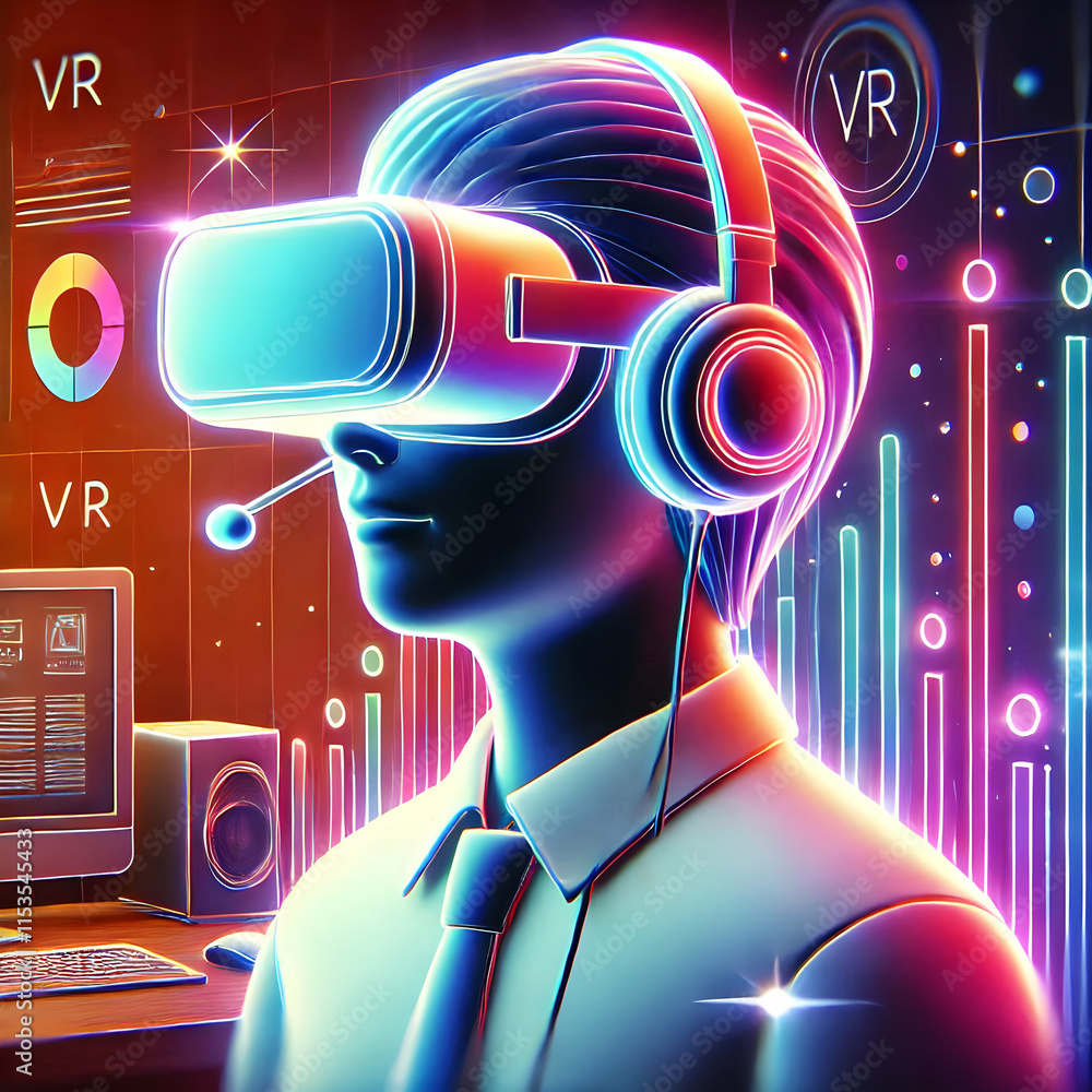Poster 3d close up employee face illuminated by colorful vr visuals in office with ample copy space