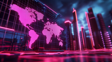 A futuristic cityscape with a glowing pink digital world map overlay, symbolizing global connectivity and technology.