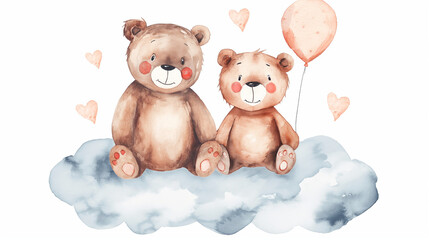 Adorable Watercolor Bears on Cloud with Balloon and Hearts