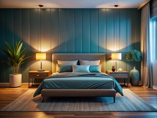 Modern Minimalist Bedroom Evening Ambiance - Stylish Night Interior Design Stock Photo
