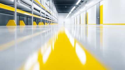 Obraz premium A clean, empty industrial warehouse interior with reflective flooring and yellow safety lines leading towards the horizon.