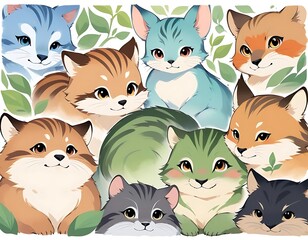Adorable Group of Cats Among Green Leaves