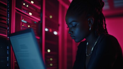 Laptop, network and data center with a black woman it support engineer working in a dark server room. Computer, cybersecurity and analytics with a female programmer problem solving or troubleshooting